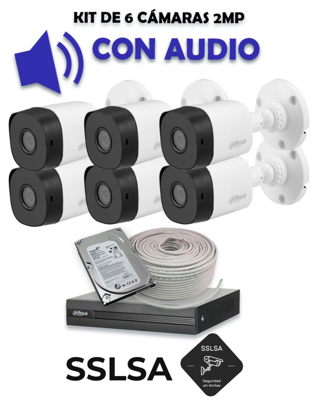 Comprar Kit de 6 Cámaras 2MP AUDIO DAHUA en SSLSA Guatemala